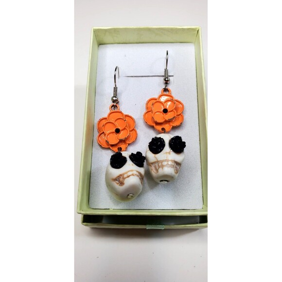 Gothic Dia De Los Muertos Skull Earrings Orange Marigold Floral Dangle Boho - Picture 4 of 8